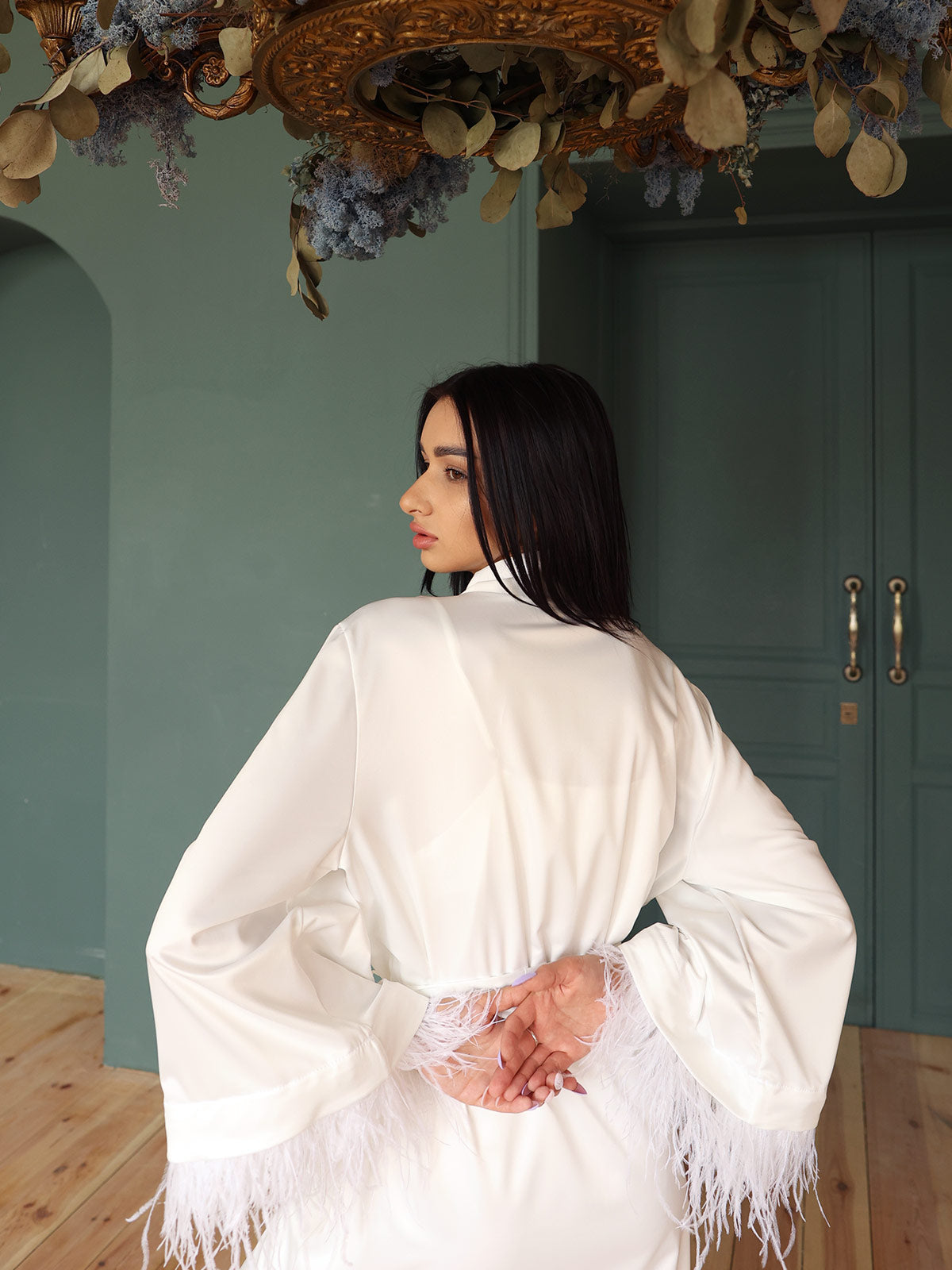 Bride Getting Ready Robe Long White Satin with Feather