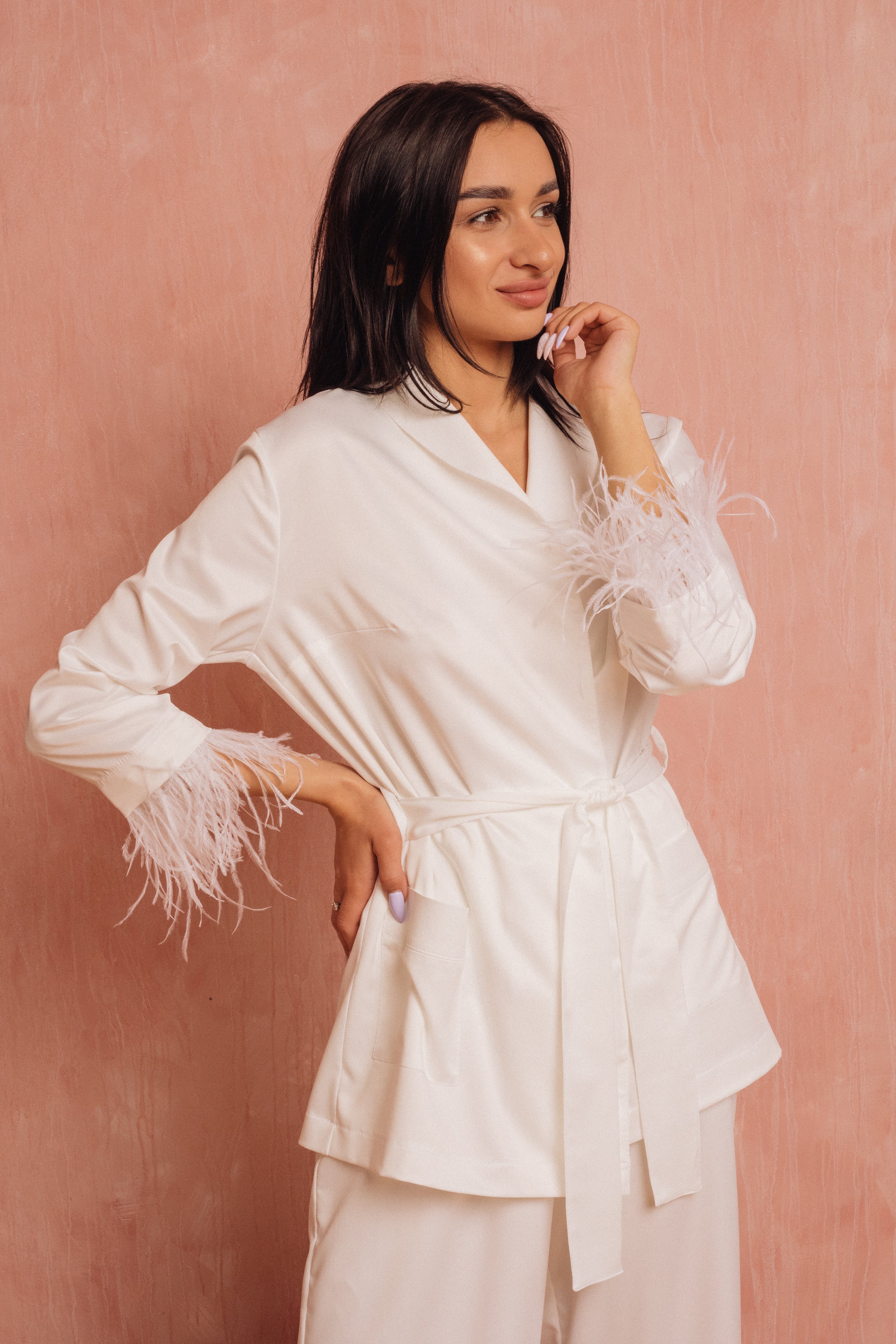 Bridal Party Pajamas Set White Satin with Feather