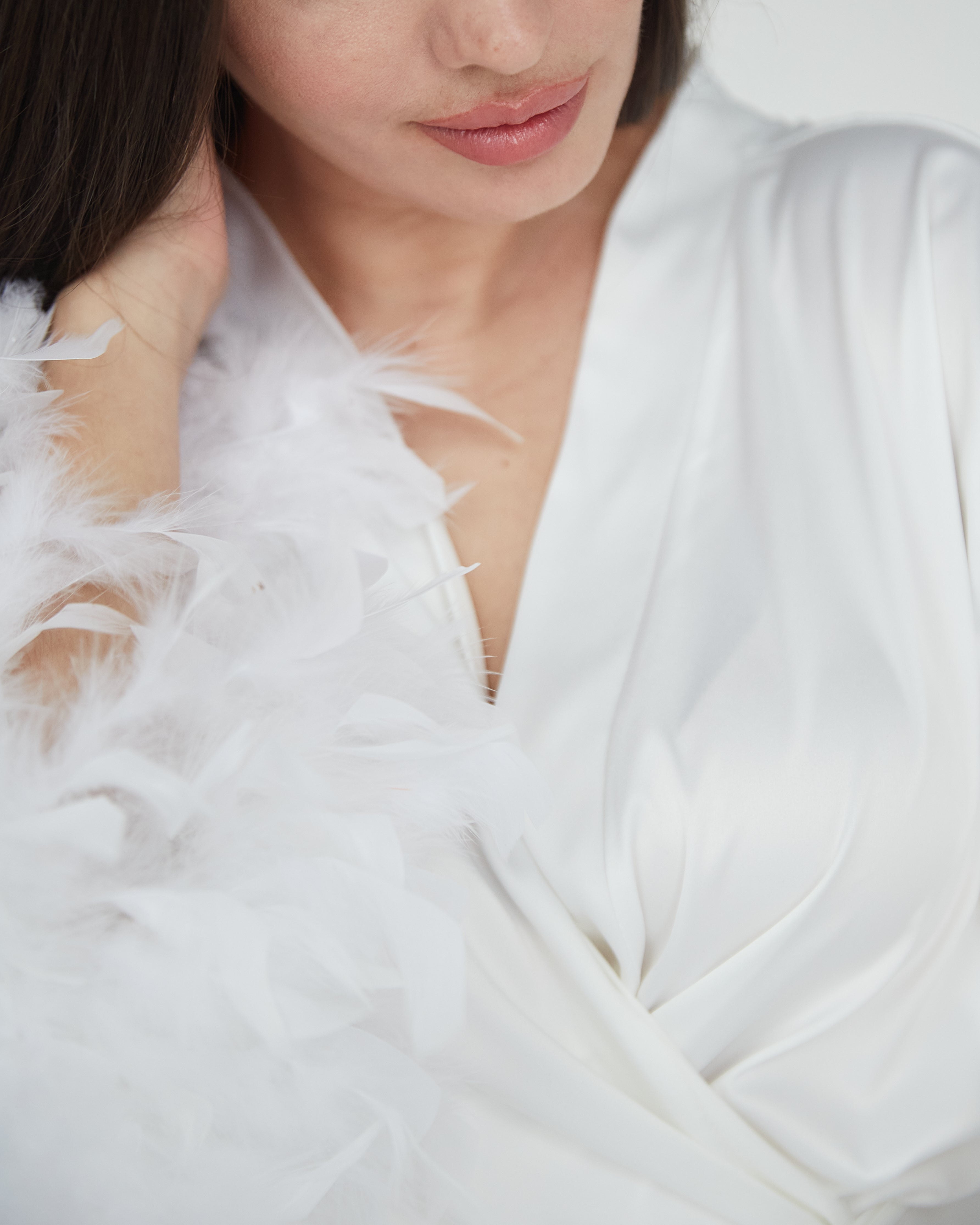 Feather trim bridal robe as bachelorette party dressing gown