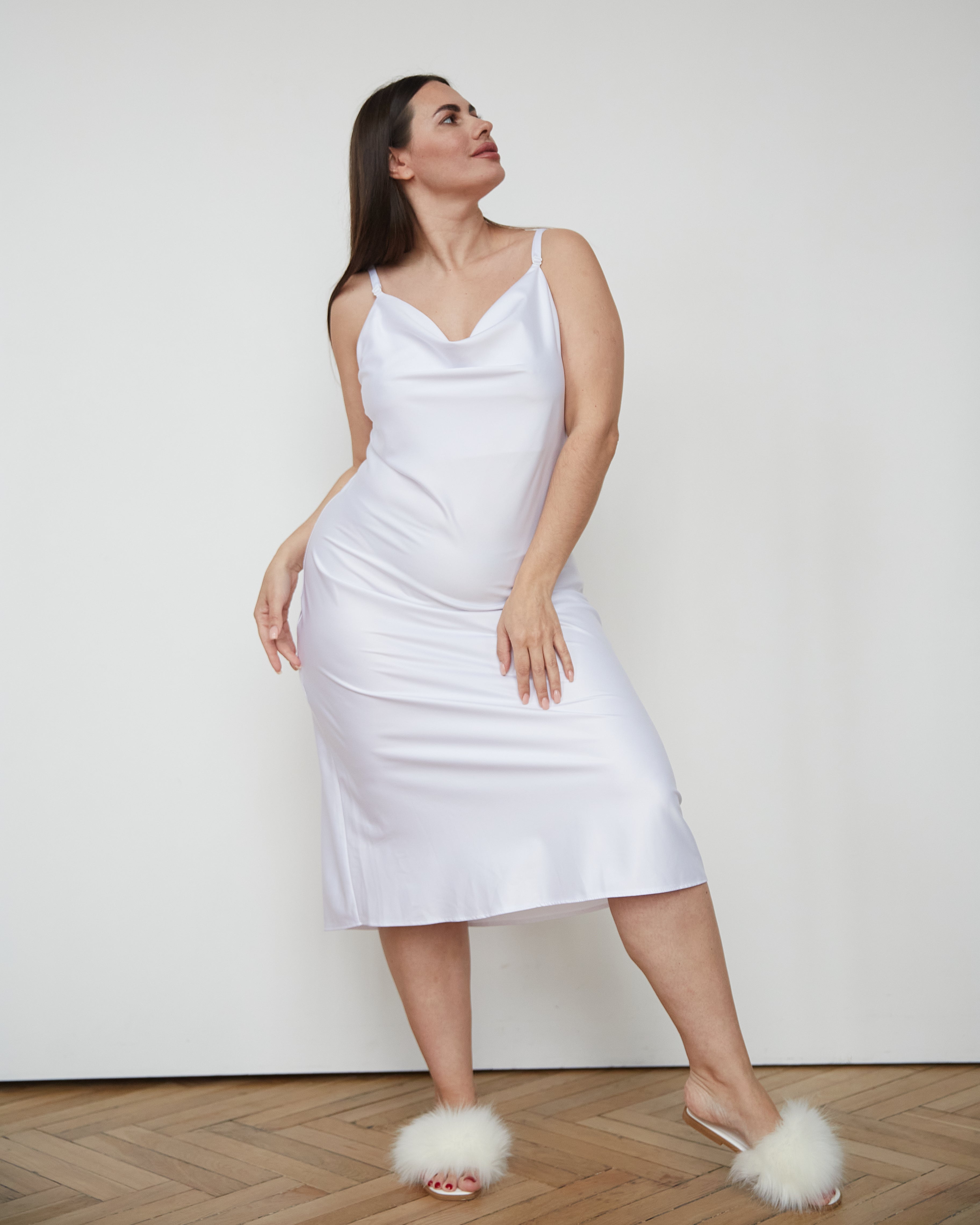 White midi satin sleepwear, nightgown, nightie