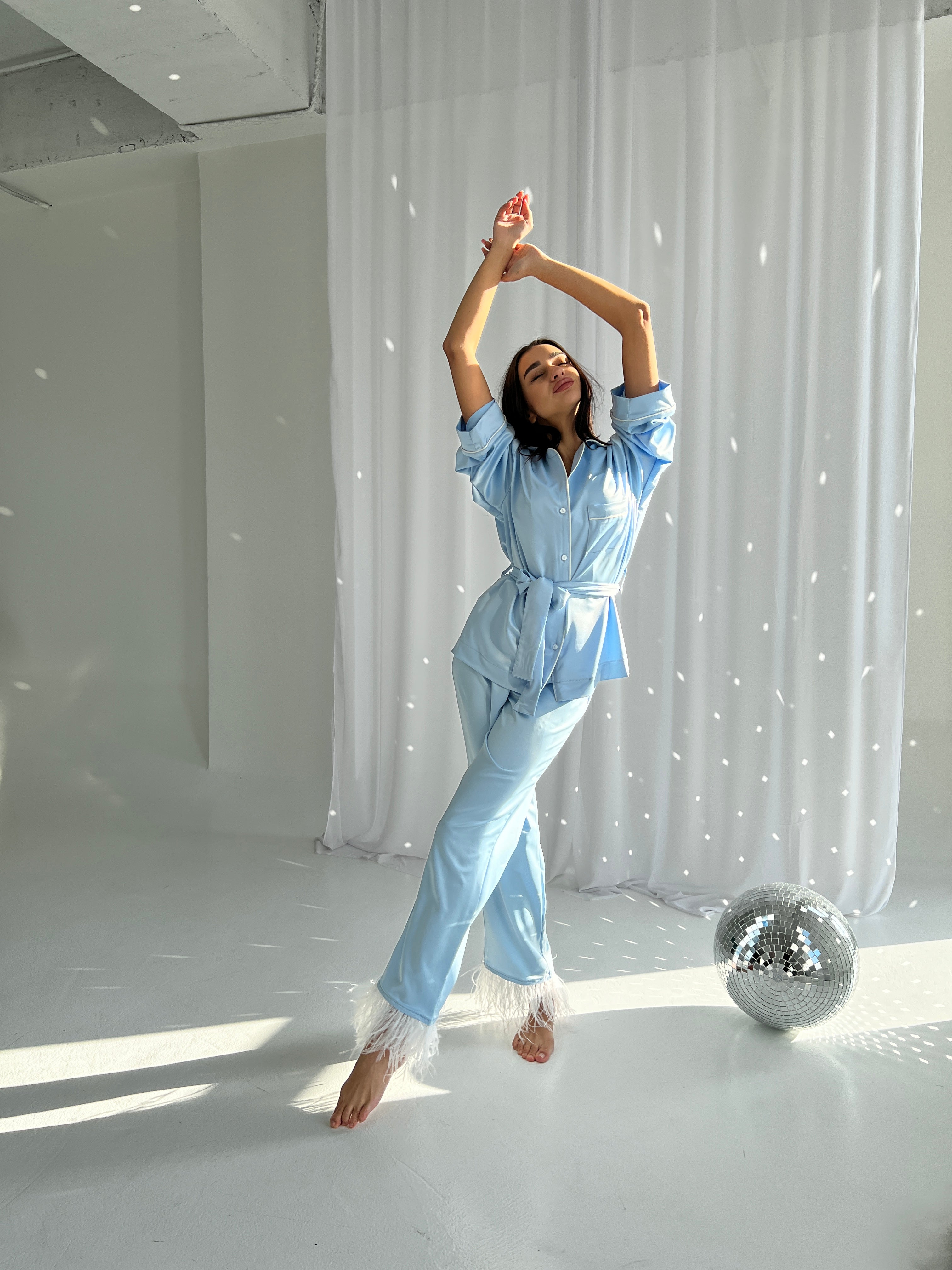 Bridal Party Pajamas Set Sky Blue Satin with Feather