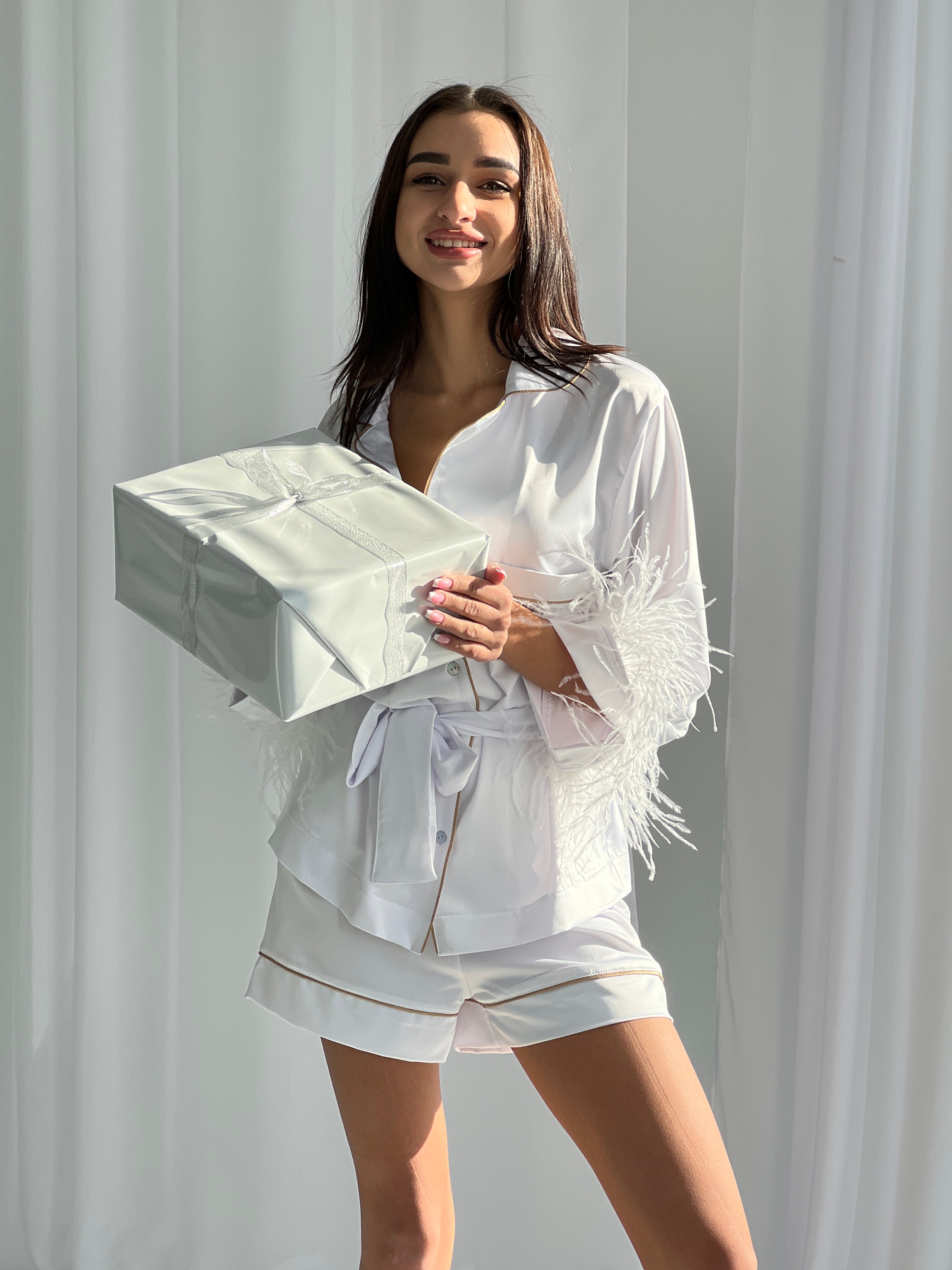Bachelorette Outfit Bride Pajama Set White Satin with Feather