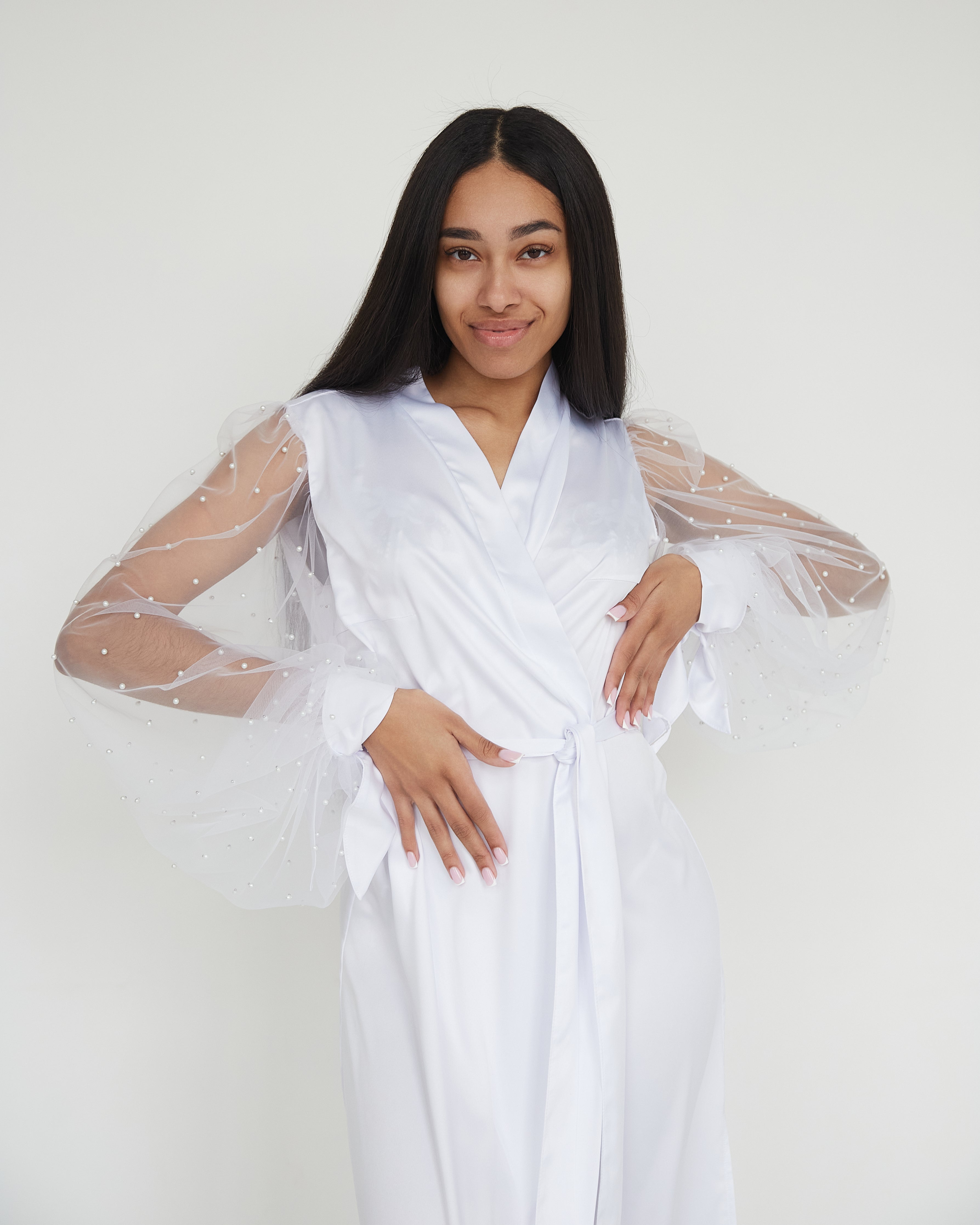 Bridal robe with wide sheer pearls sleeves