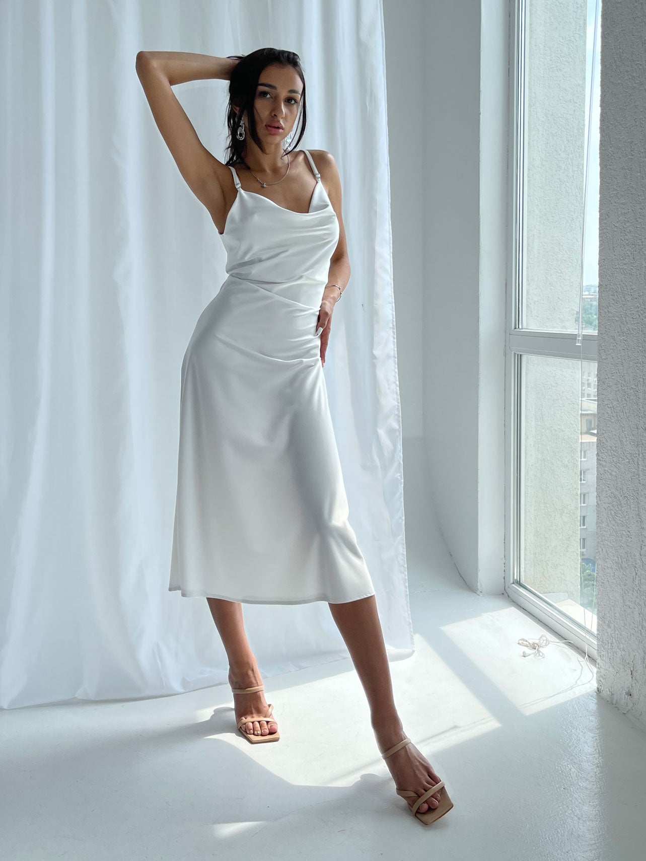 Bride Getting Ready Midi-Dress White Satin