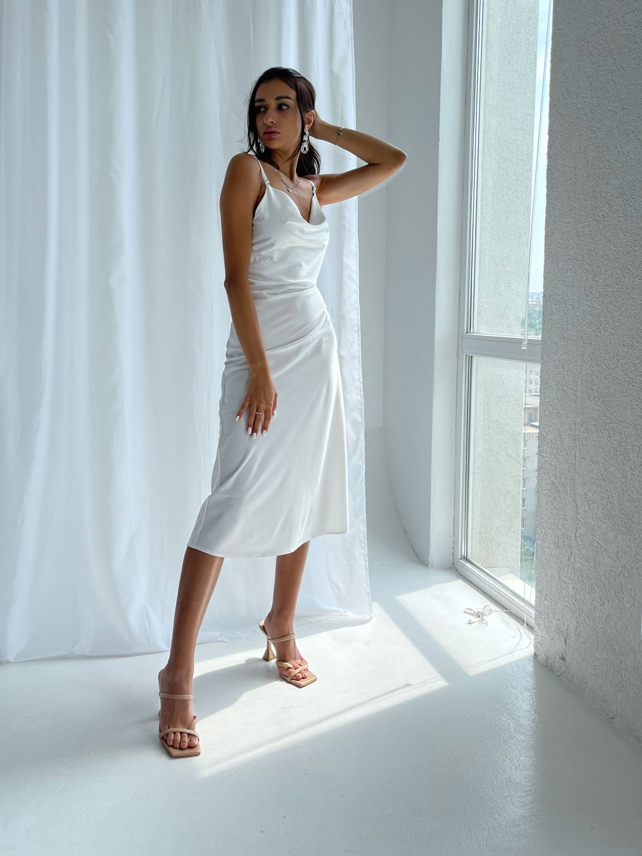 Bride Getting Ready Midi-Dress White Satin