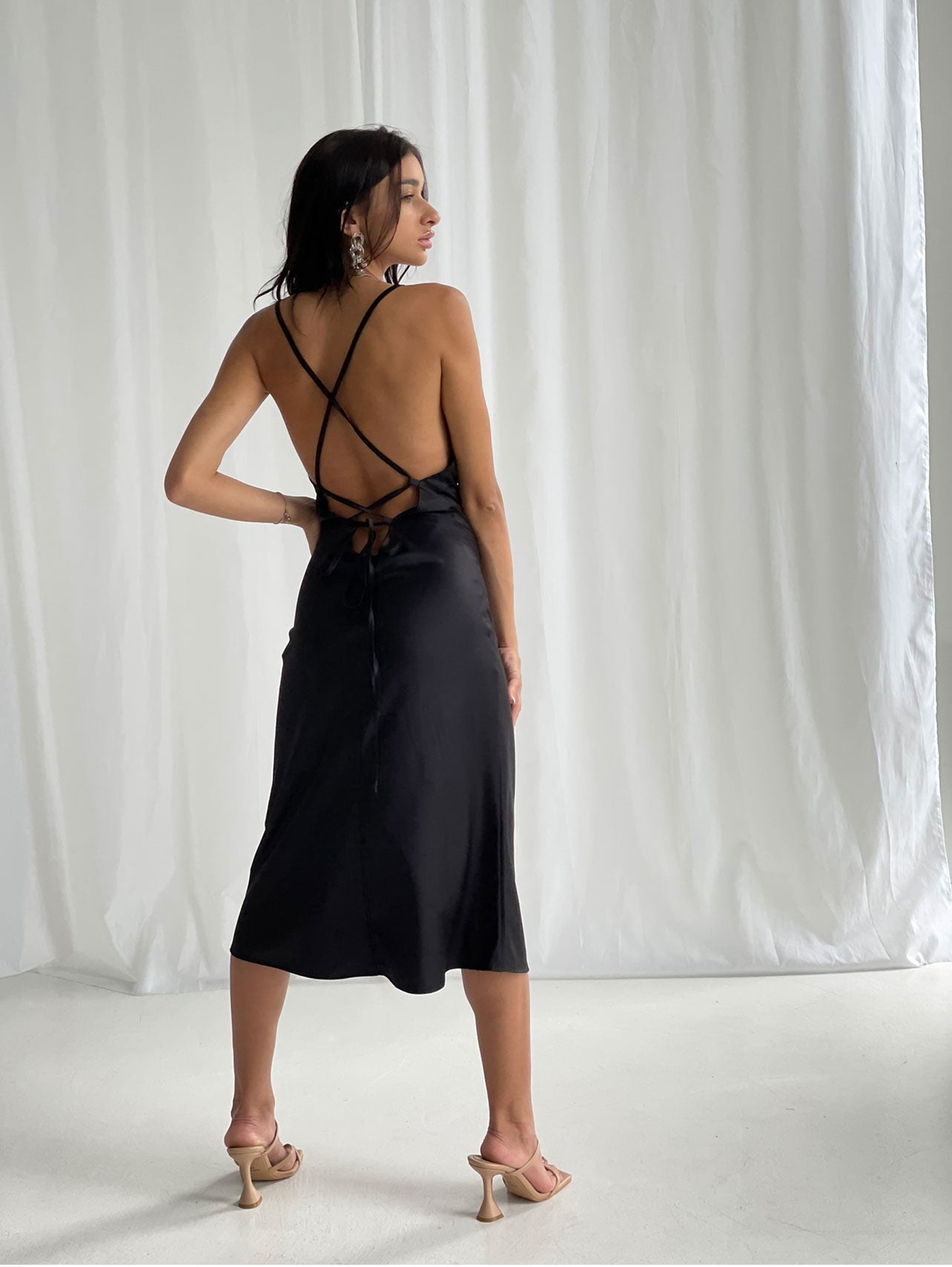 Bachelorette Party Bridal Midi-Dress Black Satin with Open Back