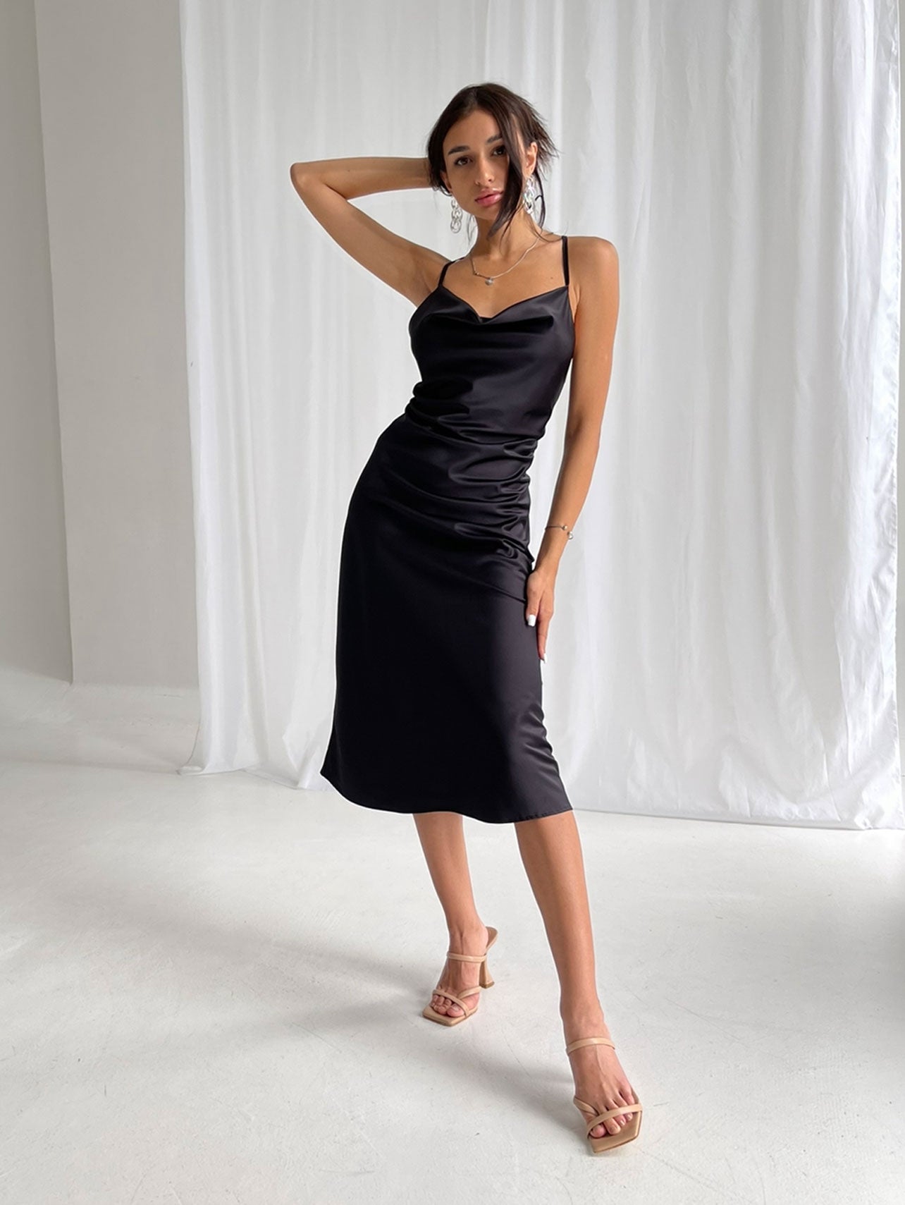 Bachelorette Party Bridal Midi-Dress Black Satin with Open Back