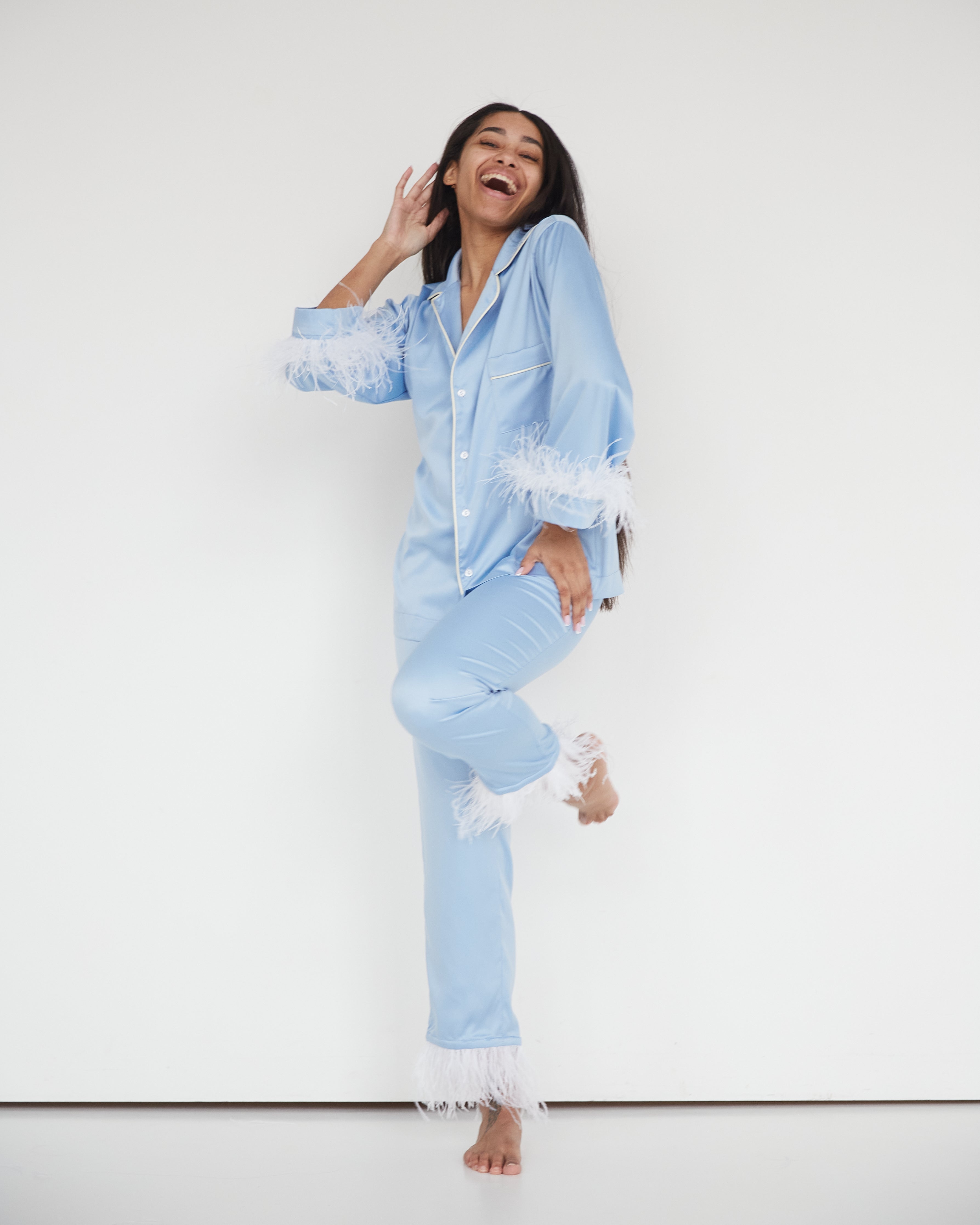 Bride Getting Ready Pajamas Set Sky Blue Satin with Feather