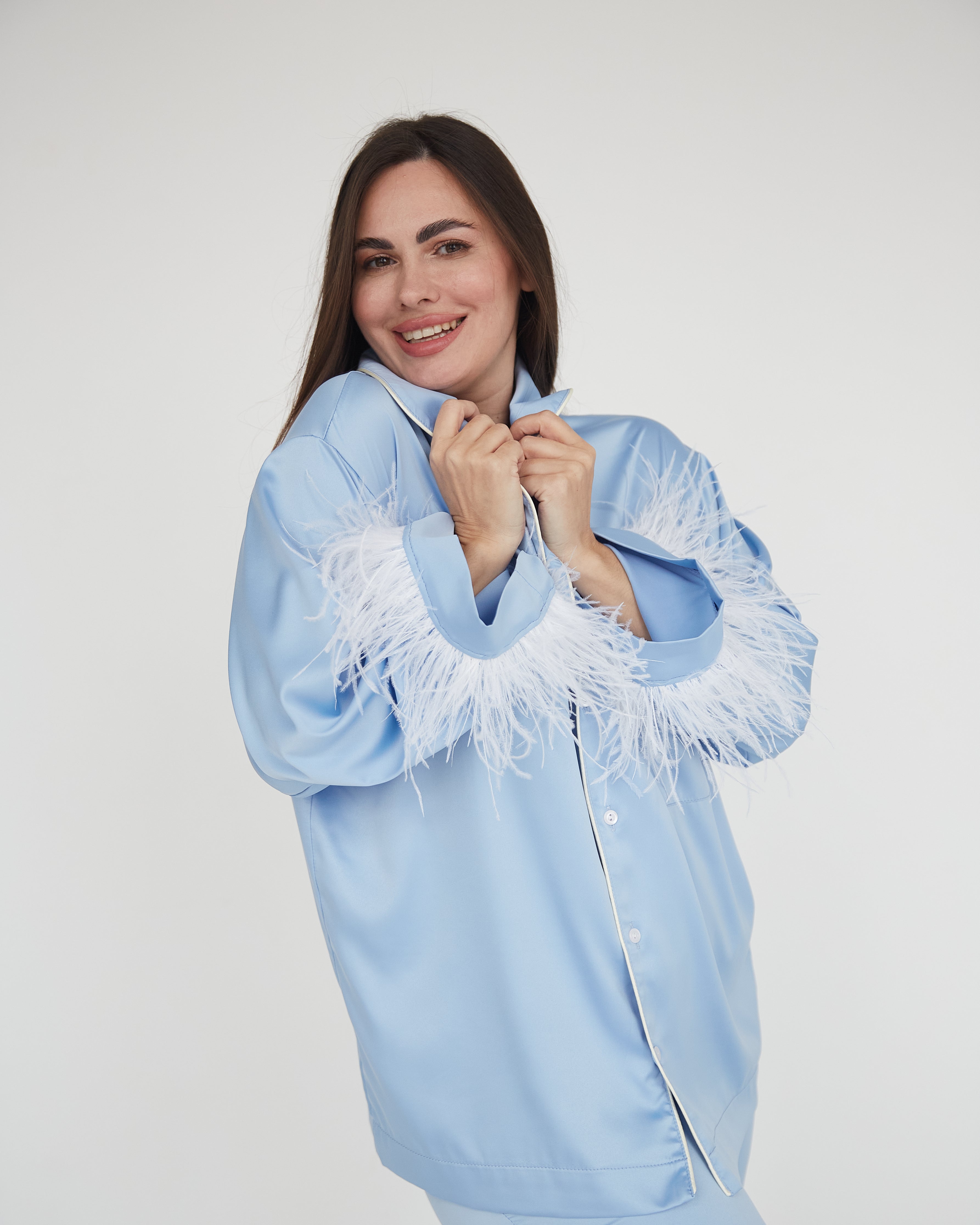 Bride Getting Ready Pajamas Set Sky Blue Satin with Feather