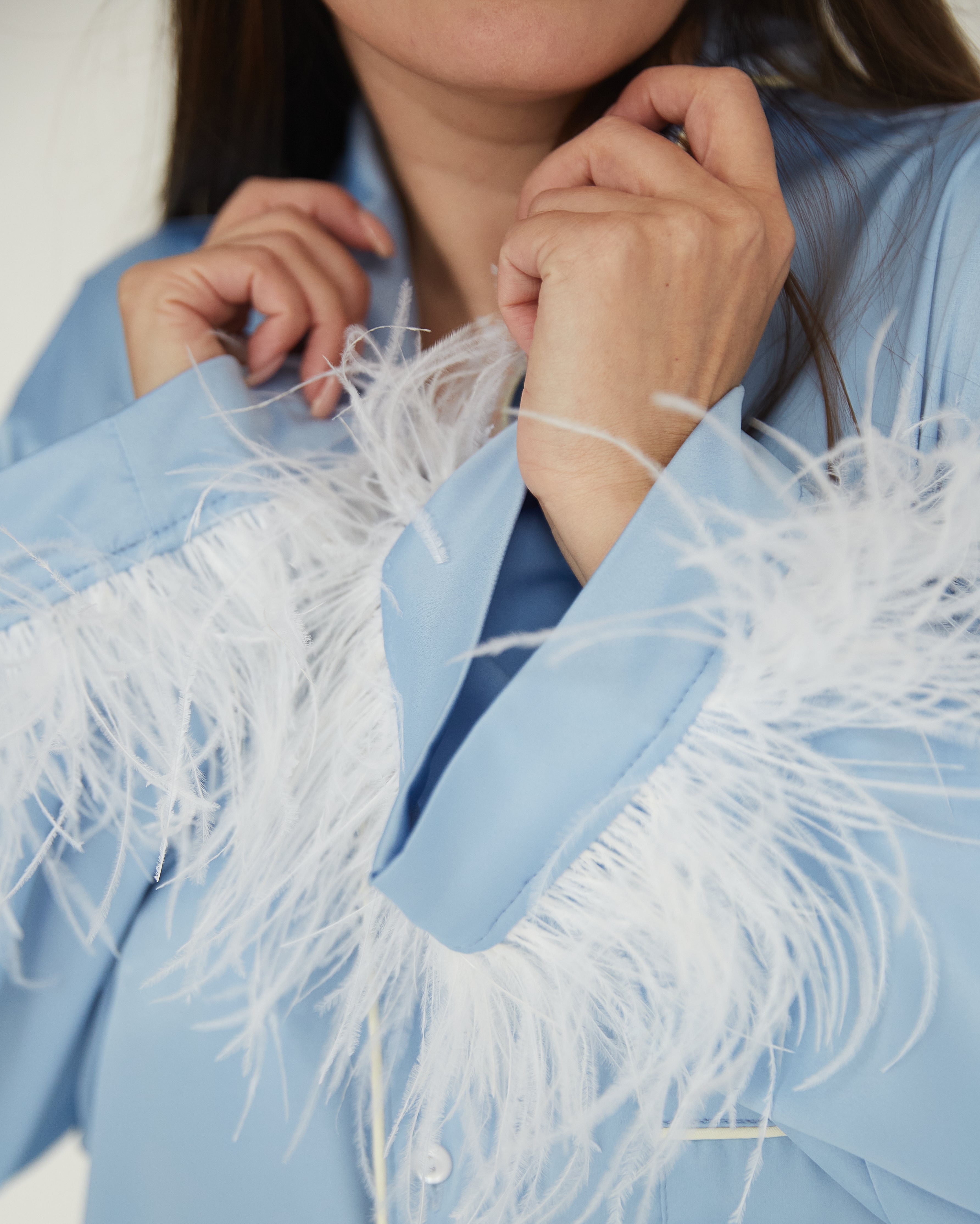 Bride Getting Ready Pajamas Set Sky Blue Satin with Feather