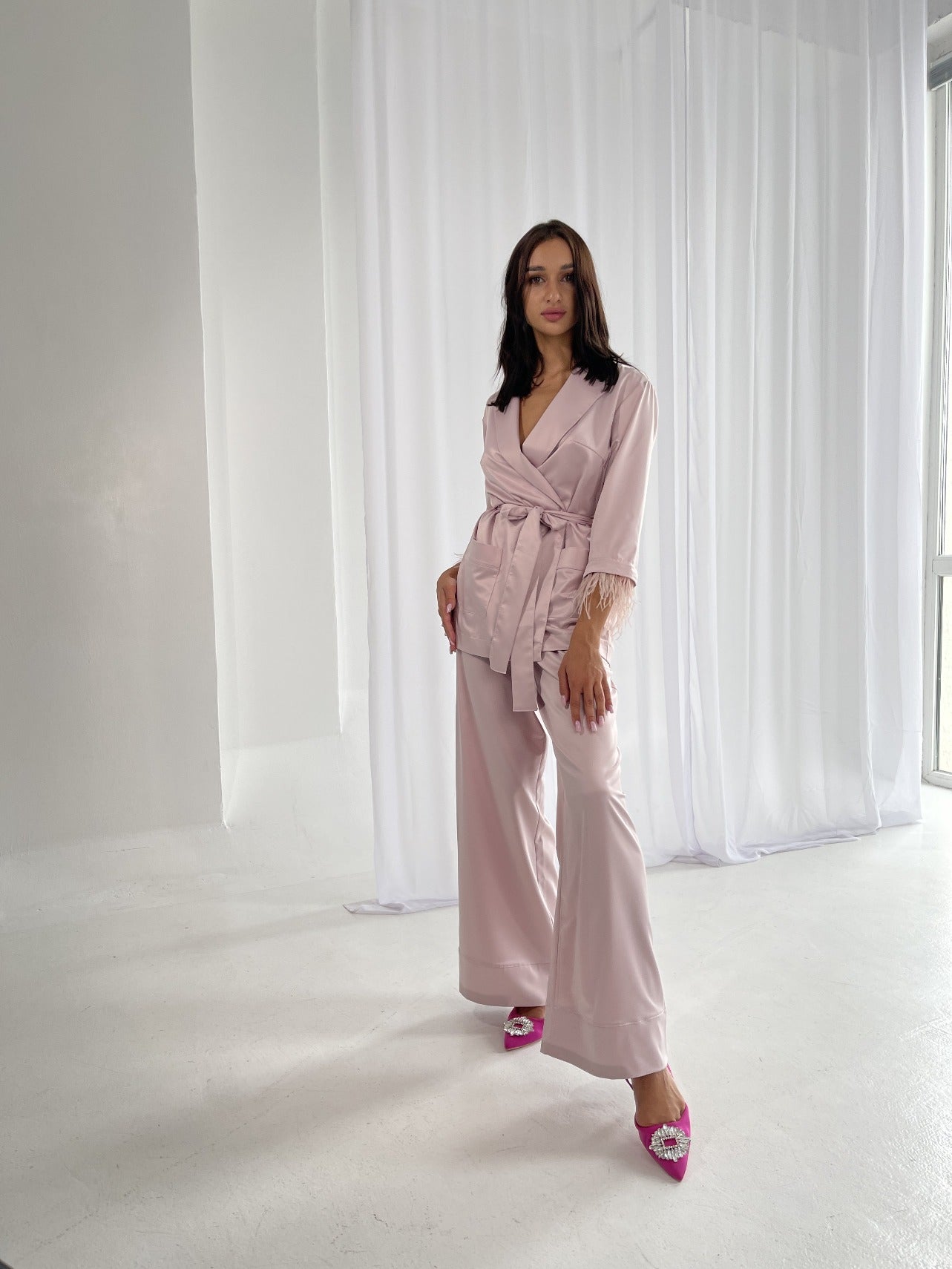 Bride Getting Ready Pajamas Set Long Rose Satin with Feather