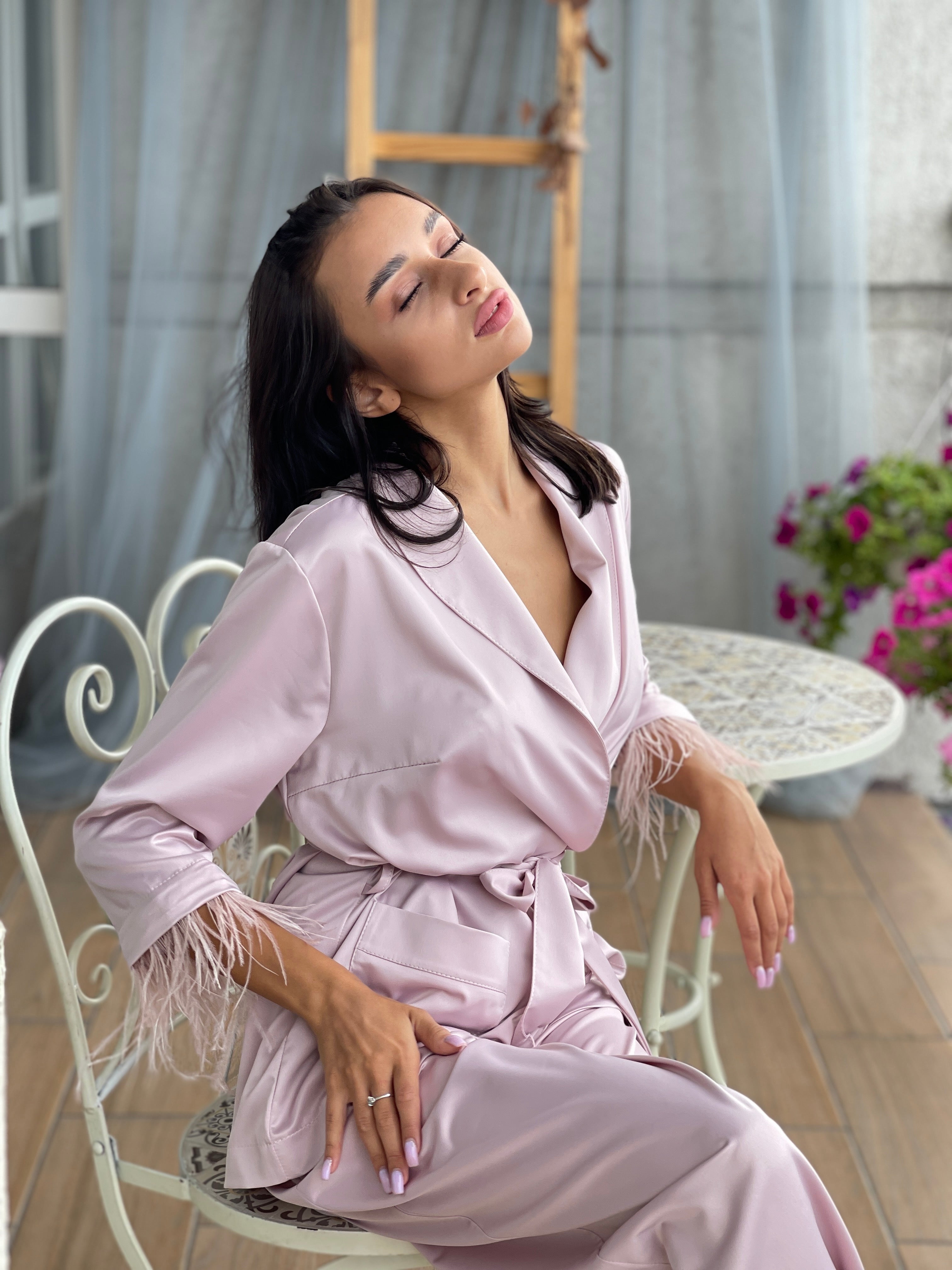 Bride Getting Ready Pajamas Set Long Rose Satin with Feather