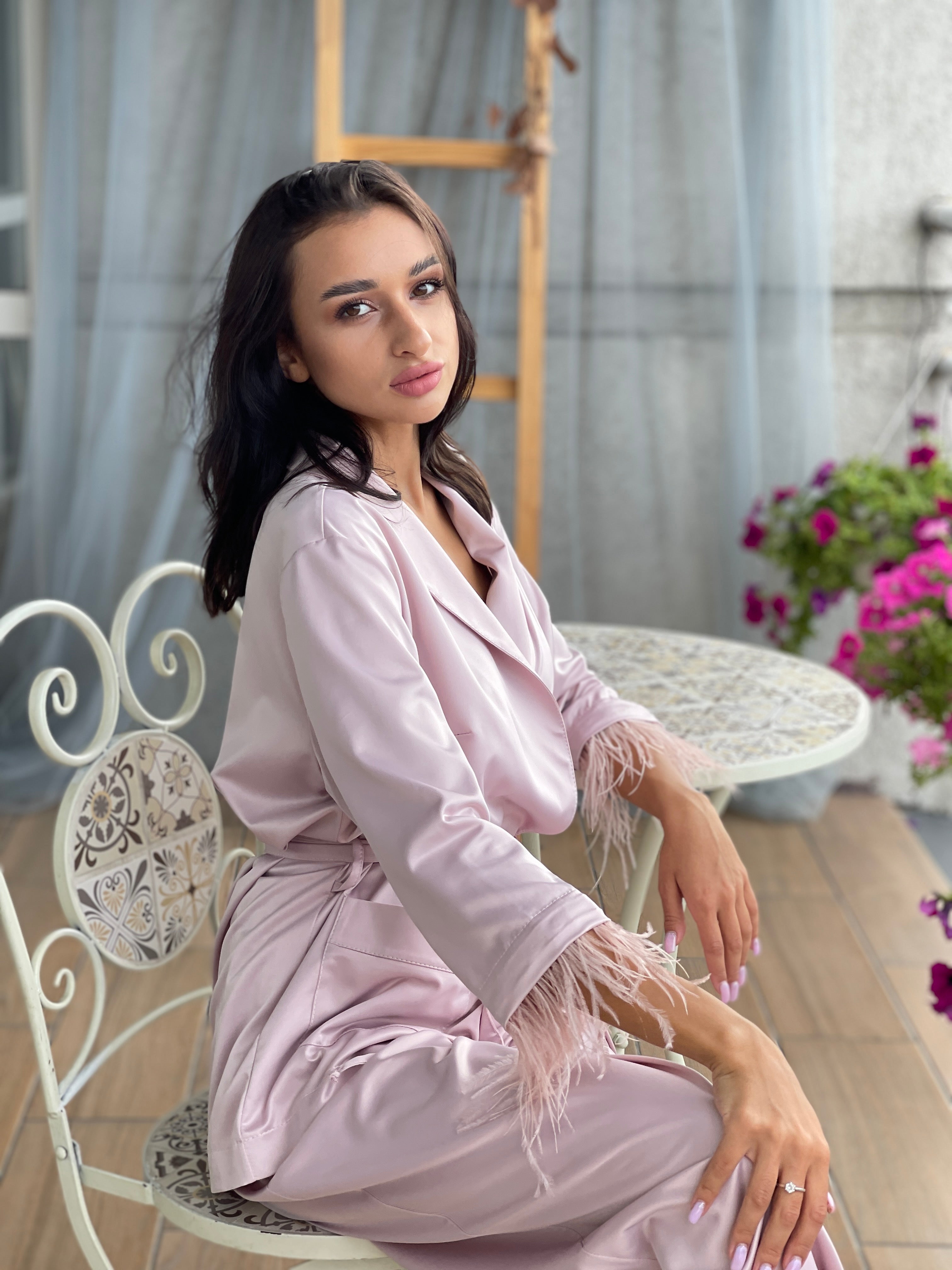 Bride Getting Ready Pajamas Set Long Rose Satin with Feather