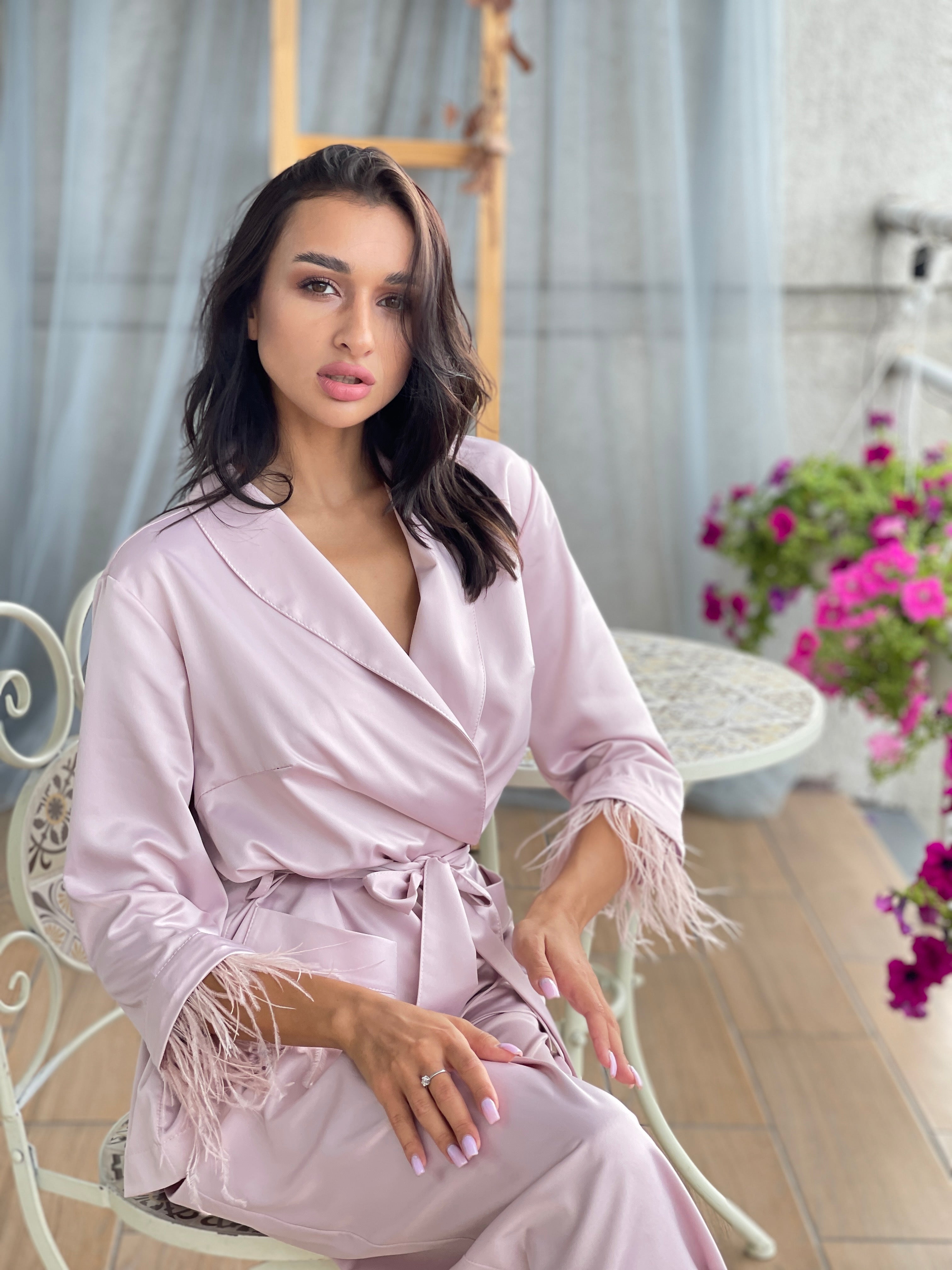 Bride Getting Ready Pajamas Set Long Rose Satin with Feather