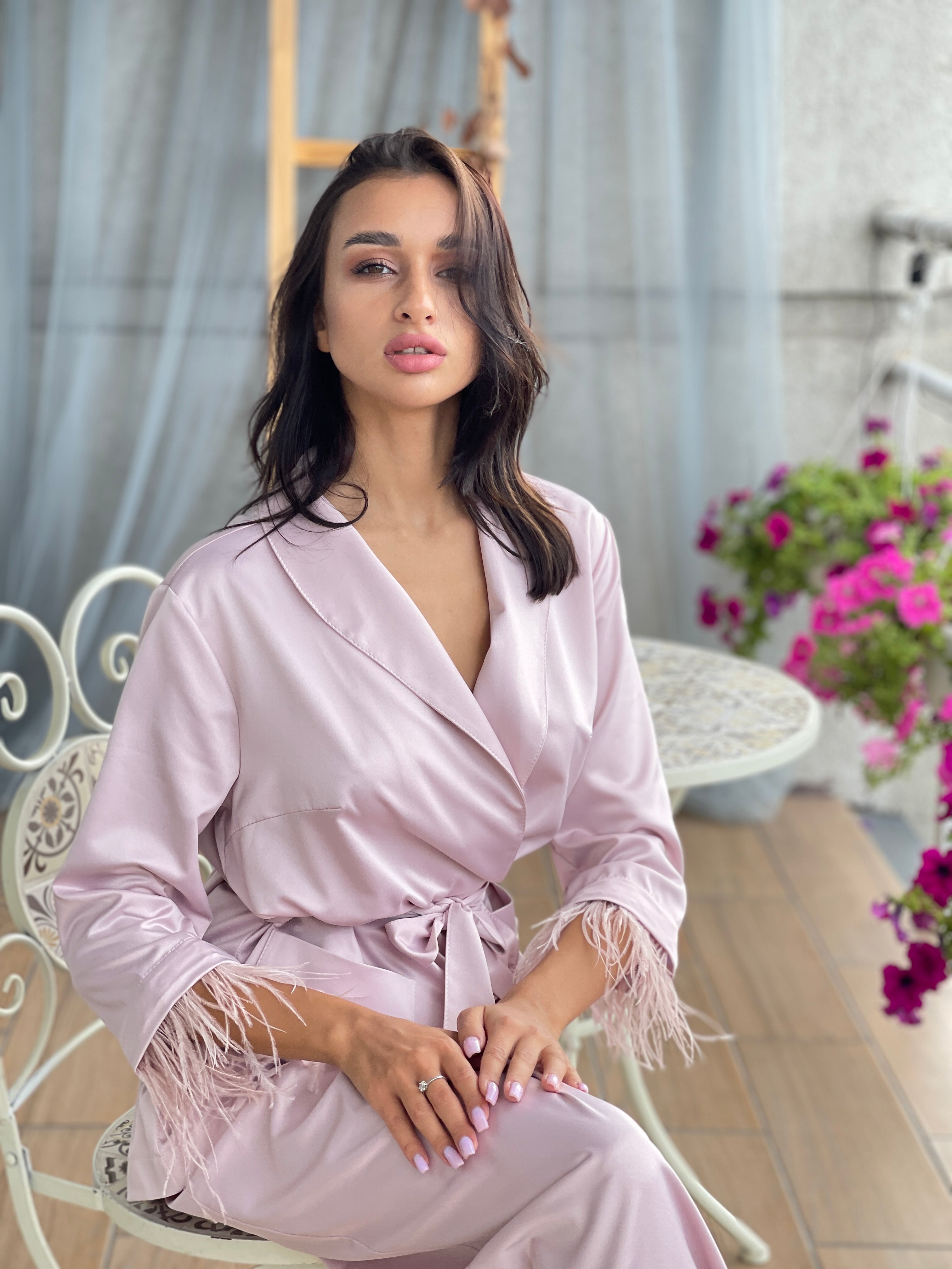 Bride Getting Ready Pajamas Set Long Rose Satin with Feather