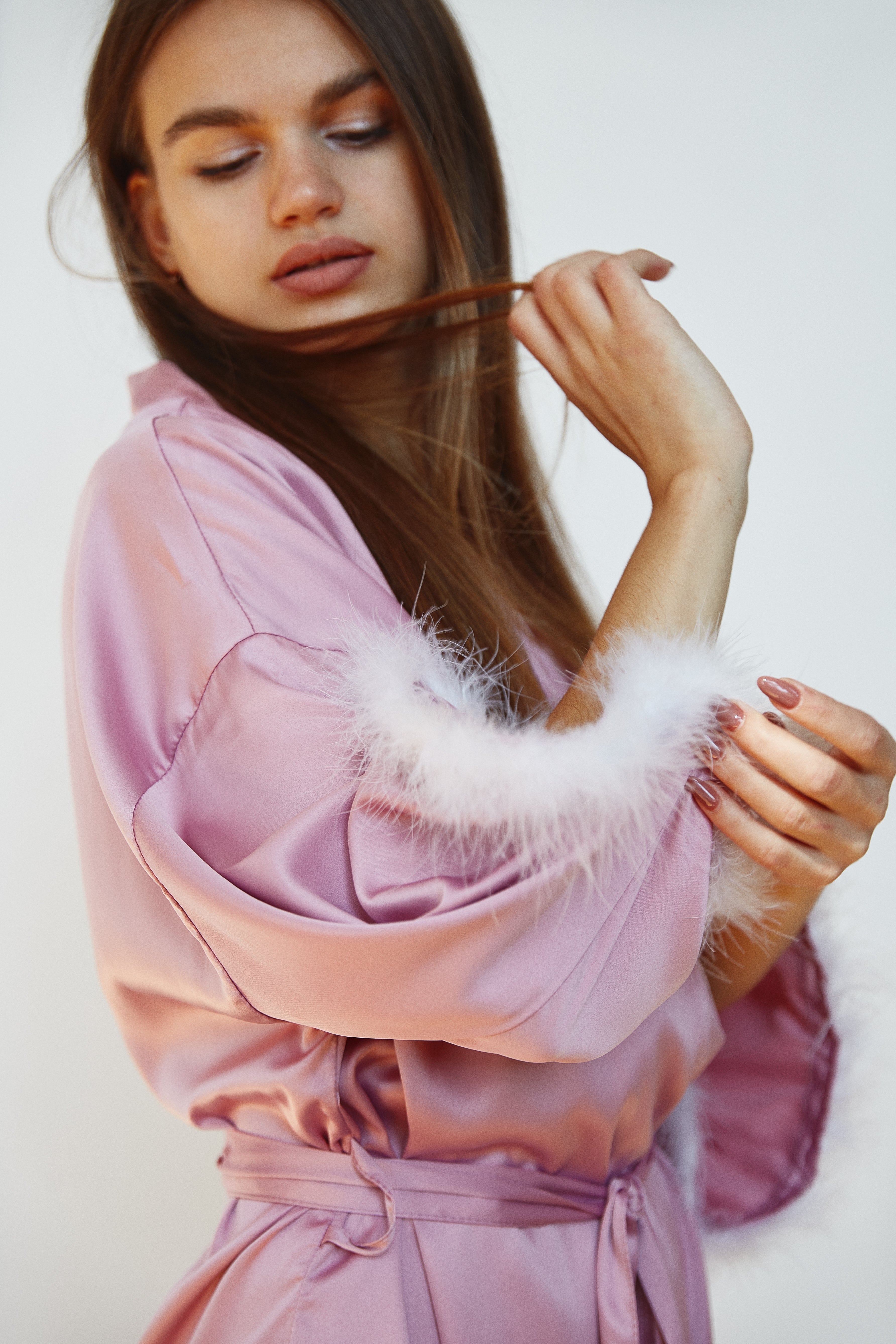 Pink kimono with fur sleeves