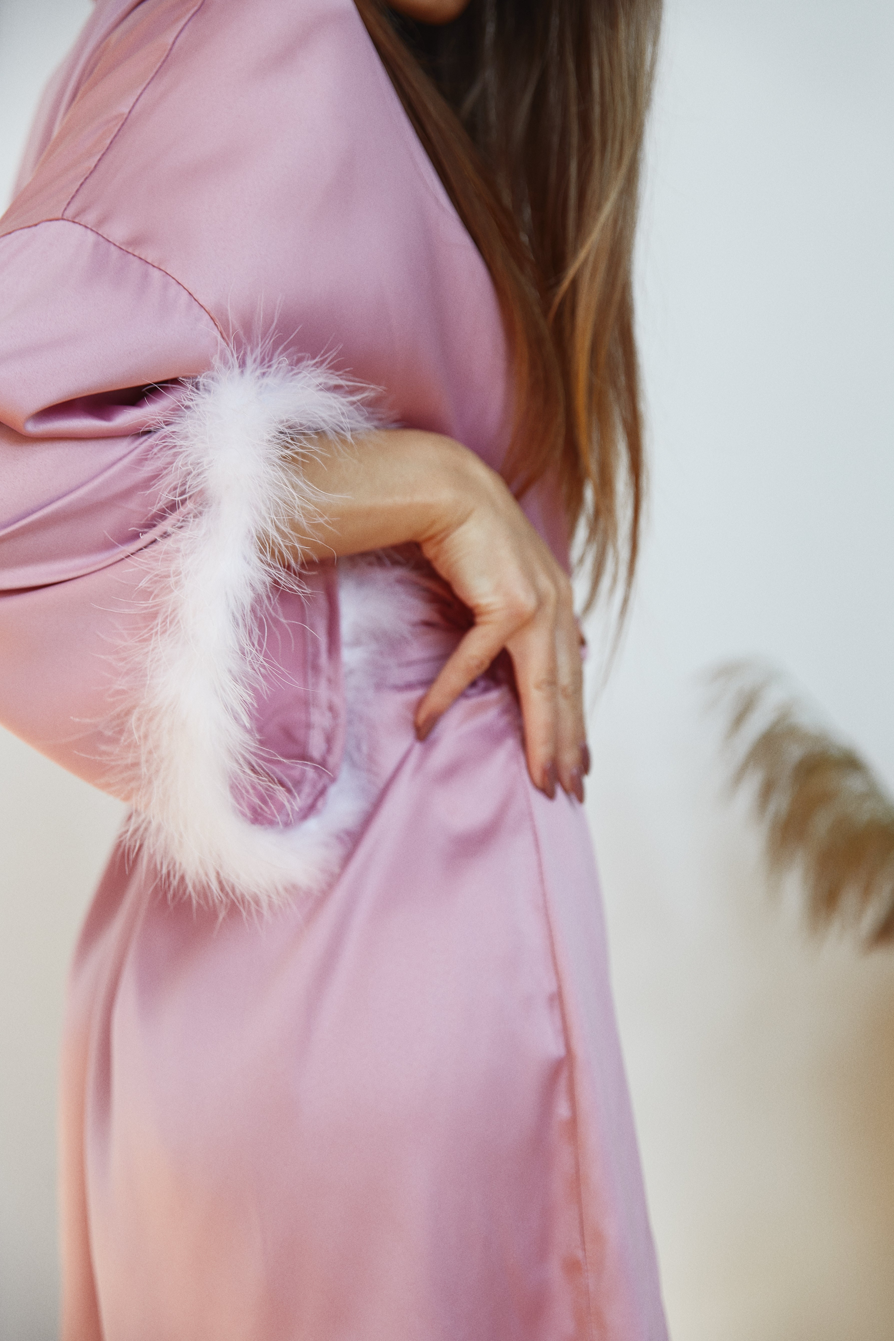 Pink kimono with fur sleeves