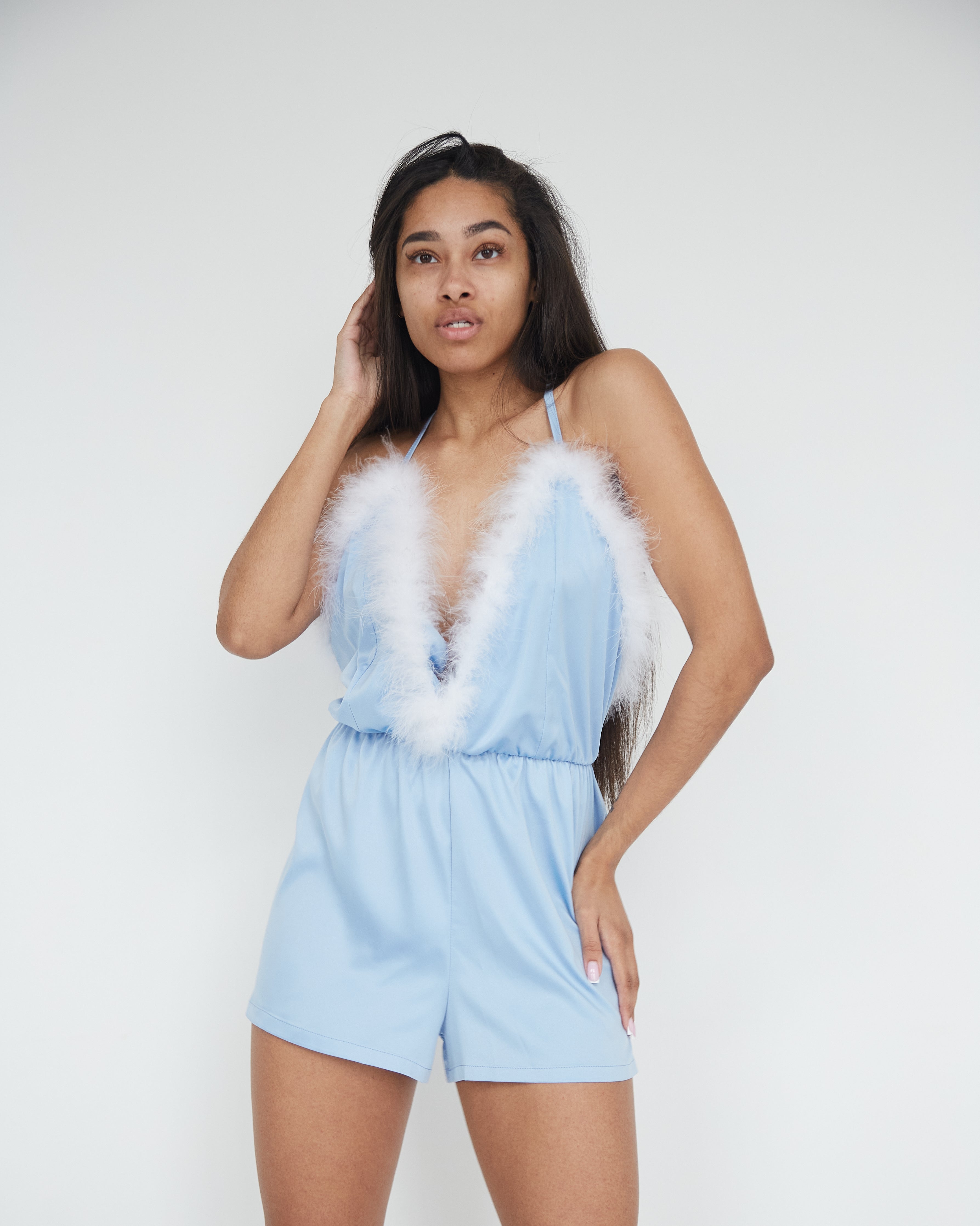 Bridesmaid Blue Rompers with feather