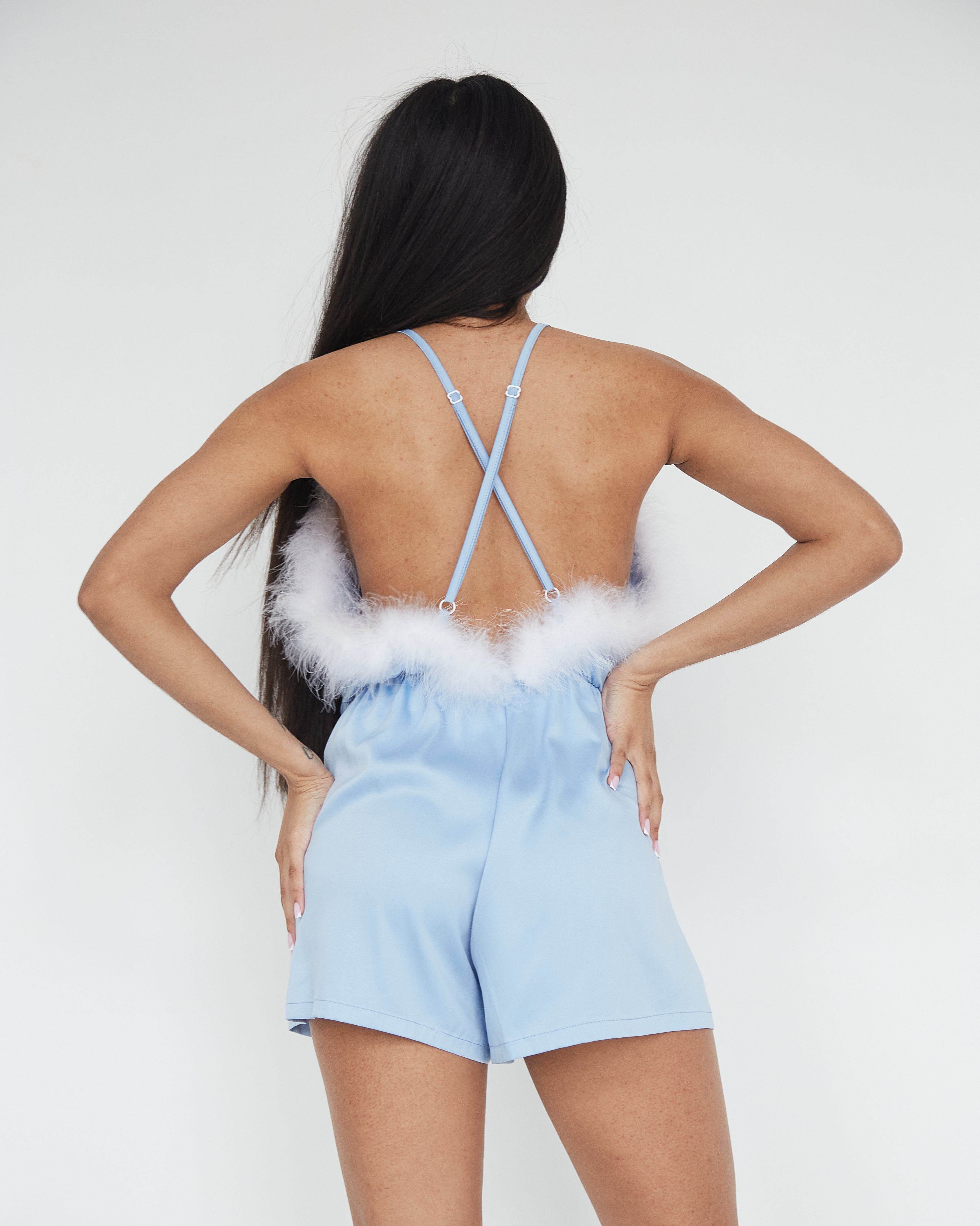 Bridesmaid Blue Rompers with feather