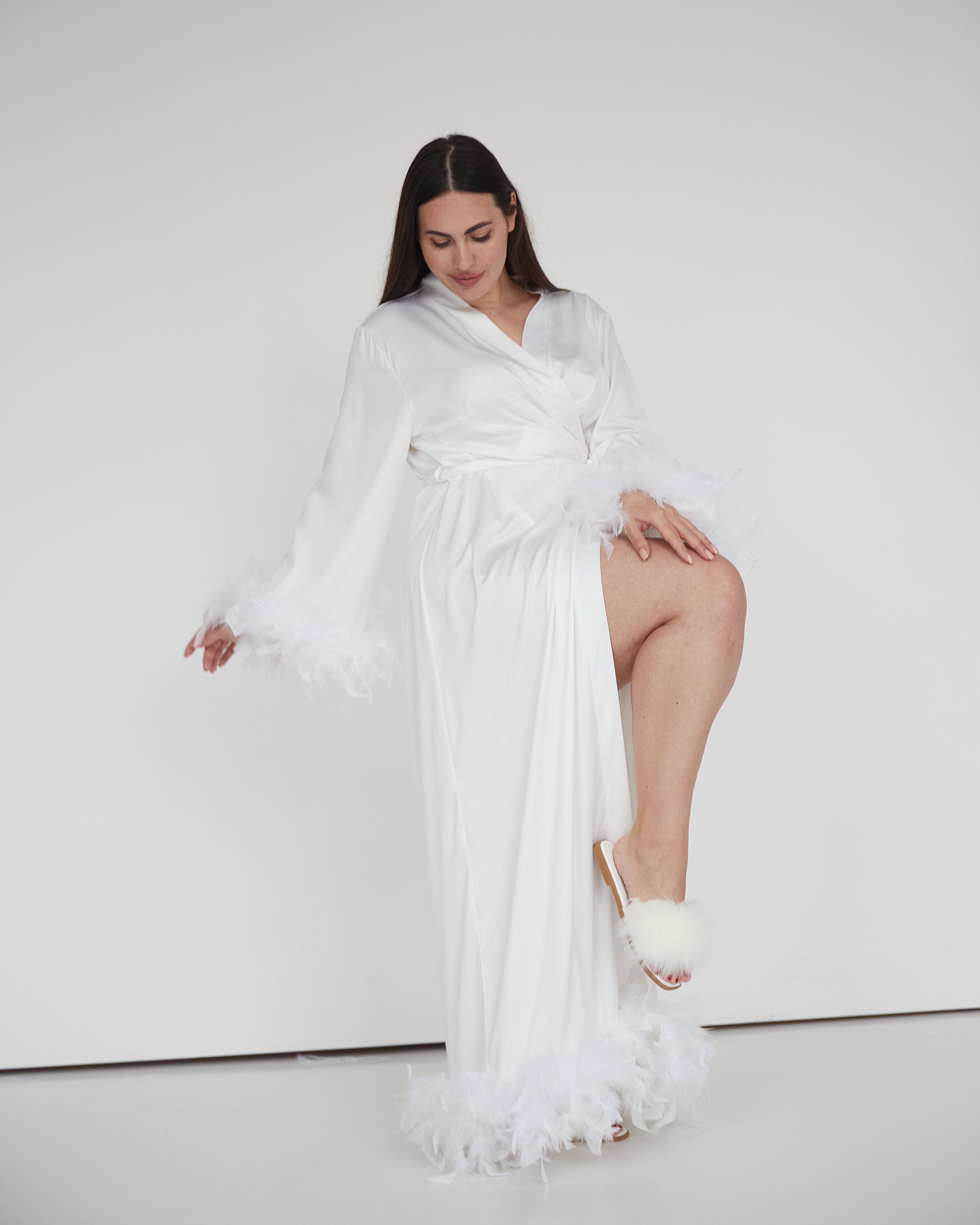 Feather trim bridal robe as bachelorette party dressing gown