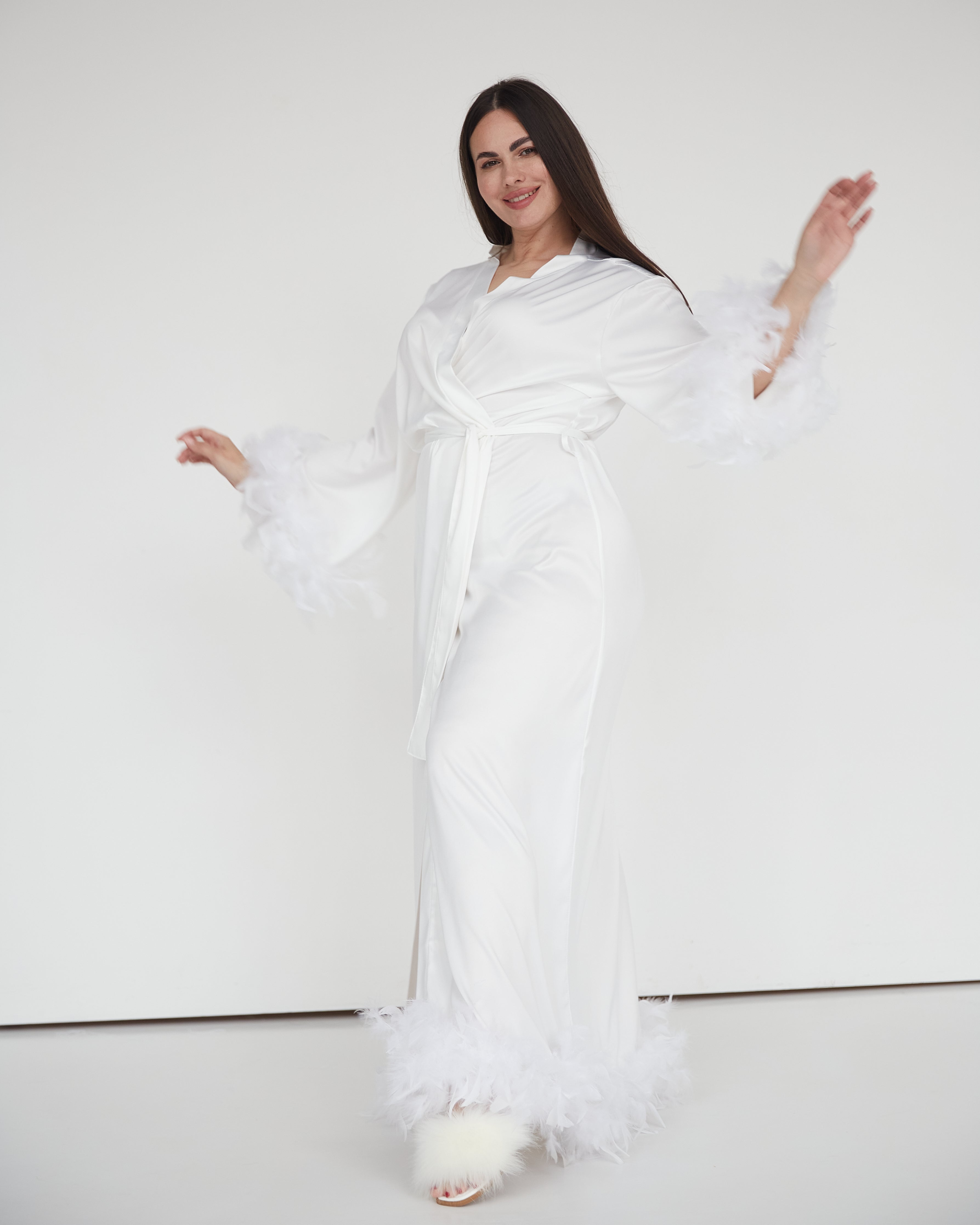 Feather trim bridal robe as bachelorette party dressing gown