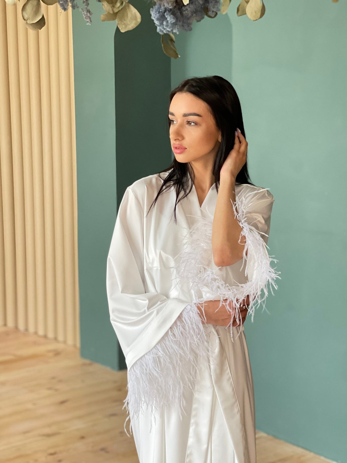 Bride Getting Ready Robe Long White Satin with Feather