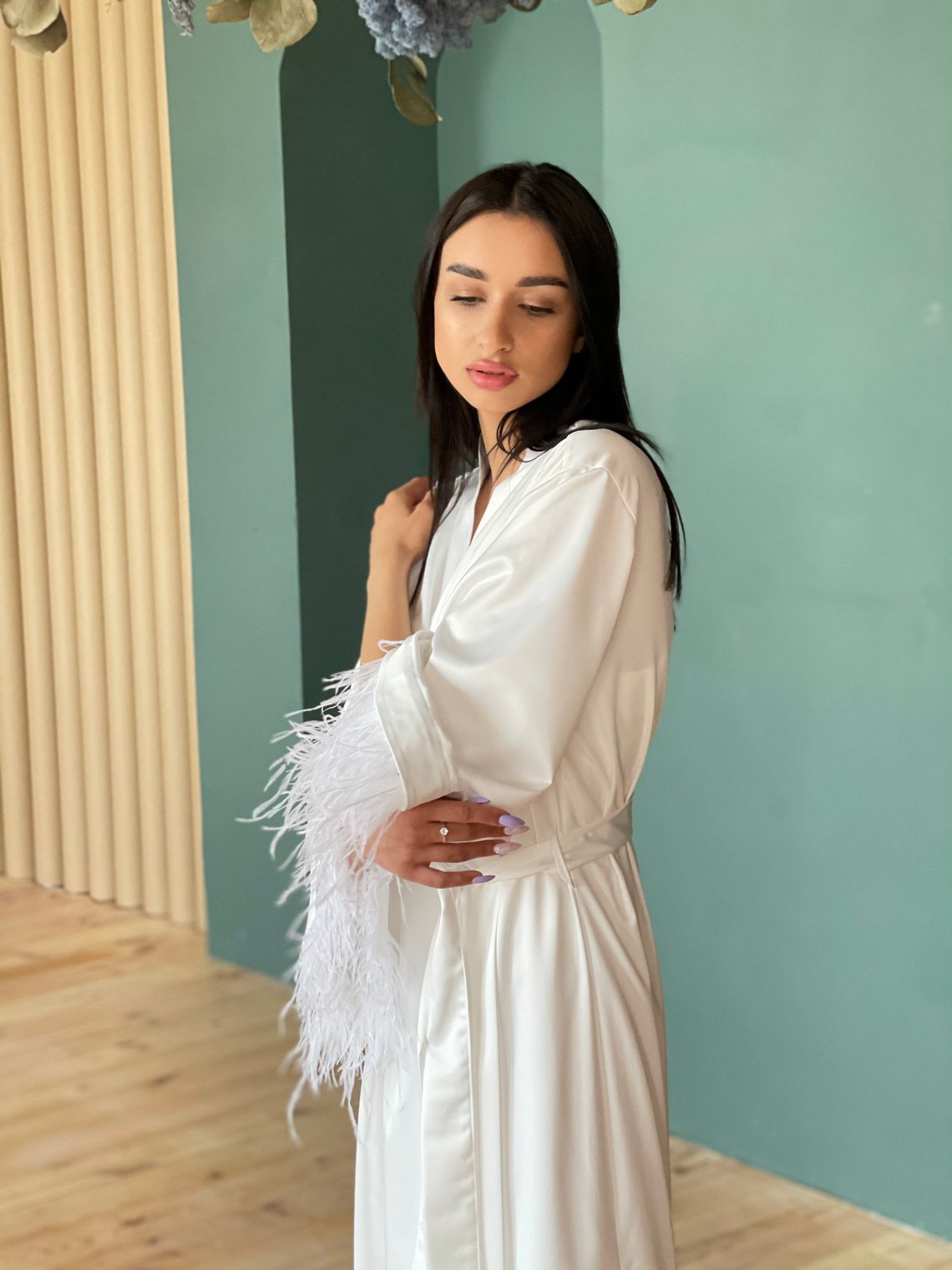 Bride Getting Ready Robe Long White Satin with Feather