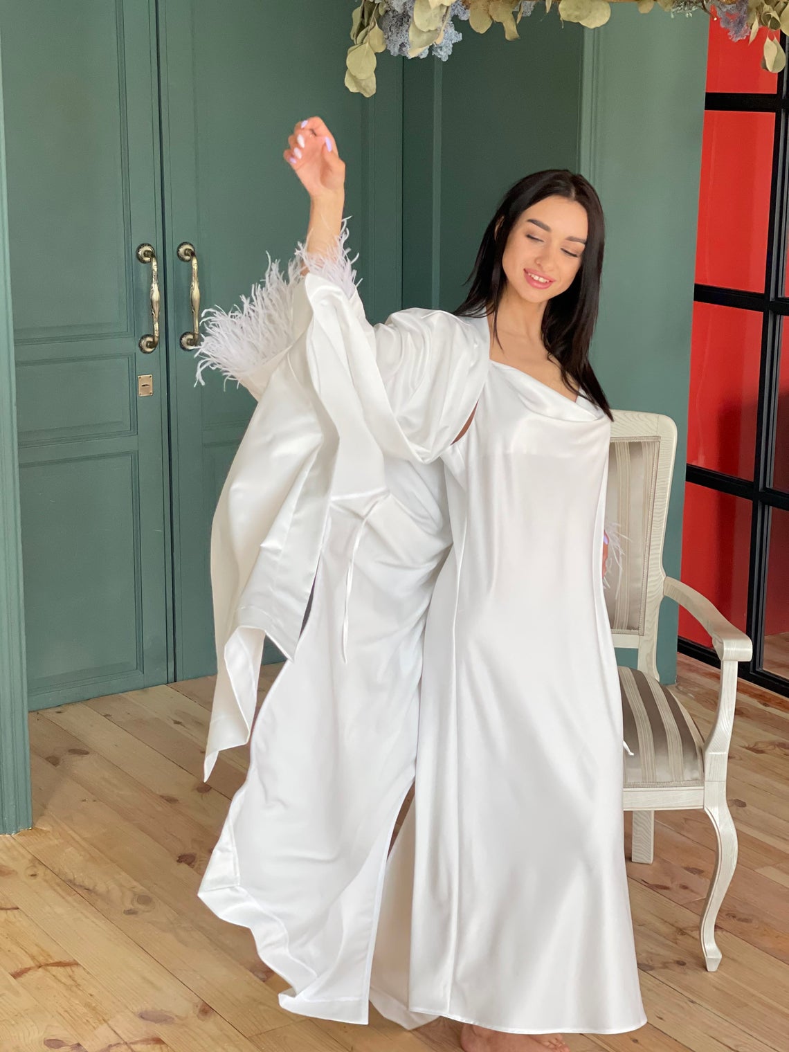 Bride Getting Ready Robe Long White Satin with Feather