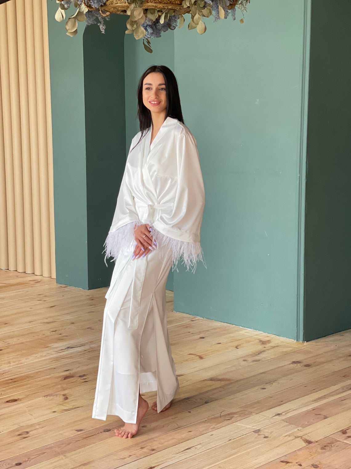 Bride Getting Ready Robe Long White Satin with Feather